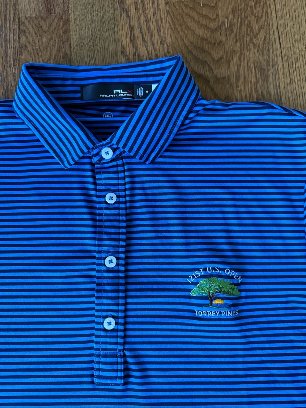 Ralph Lauren RLX 121st US Open Torrey Pines Golf Polo Shirt Mens M Blue Stripe